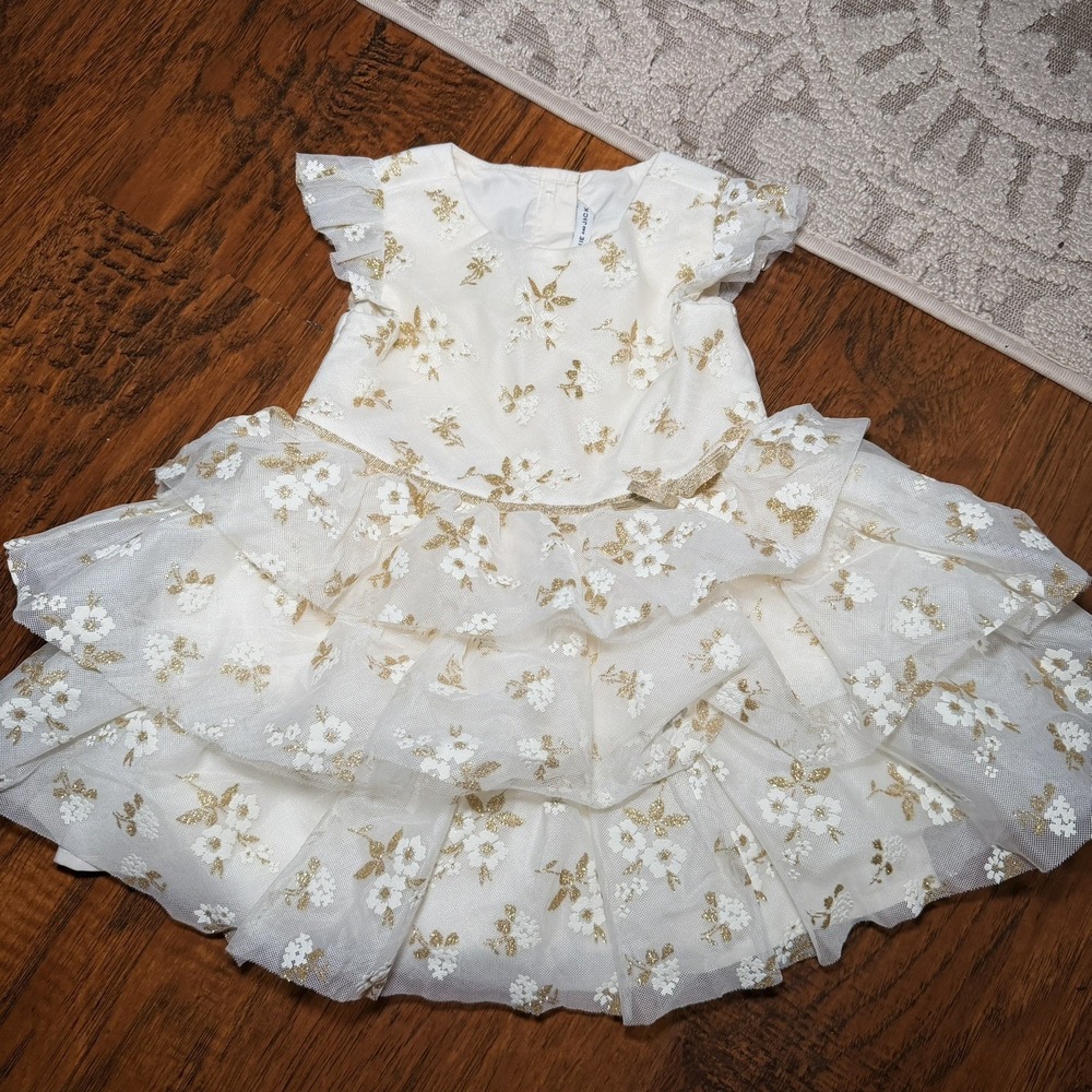 Janie and Jack 8-12 Months Ivory gold floral Tiered Ruffle Dress holiday wedding